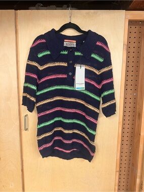 NWT Scotch & Soda Navy Short-Sleeve Polo Sweater with Pink, Green, Yellow Stripe